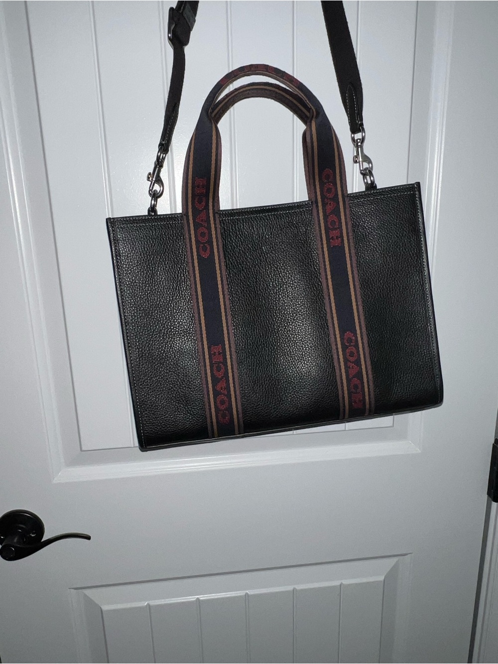 Coach Large Smith Tote Black Pebbled Leather  with Logo Webbing Strap in Red - Picture 7 of 11